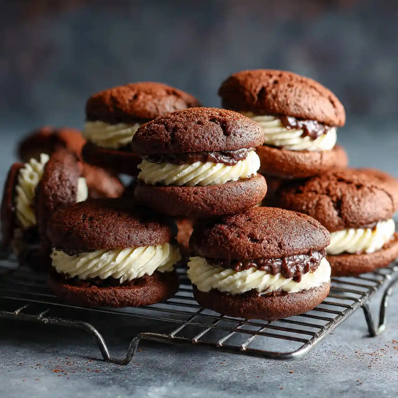 Chocolate coffee whoopie pies stacked on a tray