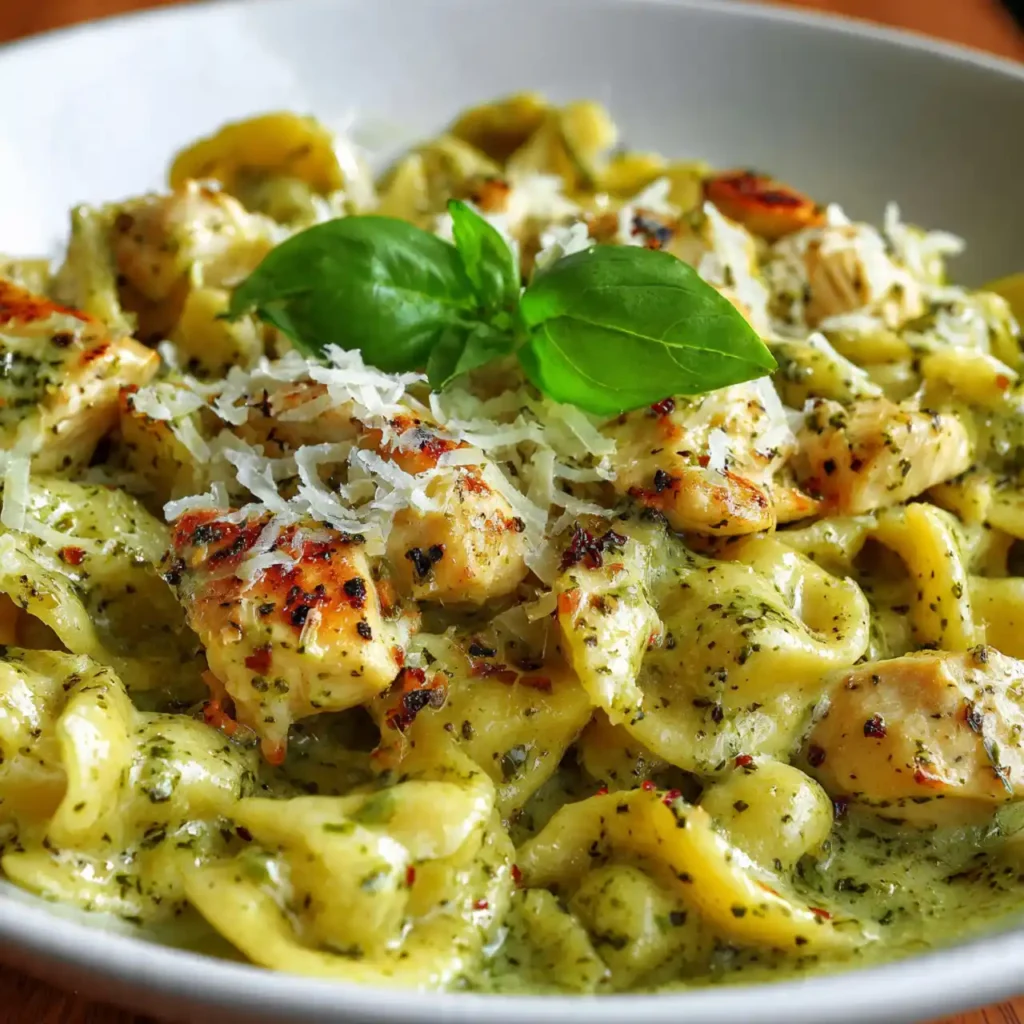 Close-up of creamy pesto chicken pasta with parmesan