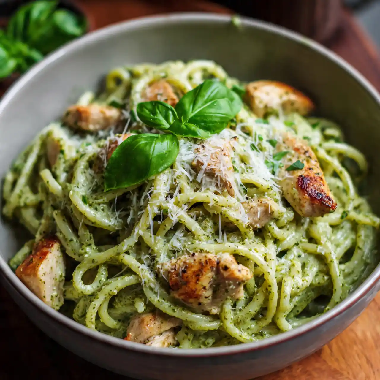 Creamy pesto chicken pasta with parmesan and basil