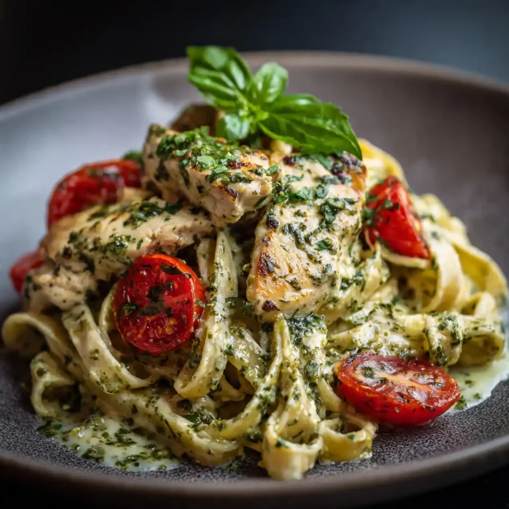 Creamy pesto chicken pasta served with garlic bread