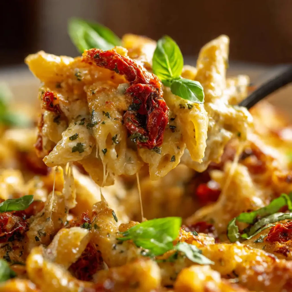 Creamy Sundried Tomato Pesto Pasta Bake with Veggies 3 Close-up of creamy sundried tomato pesto pasta bake with melted cheese