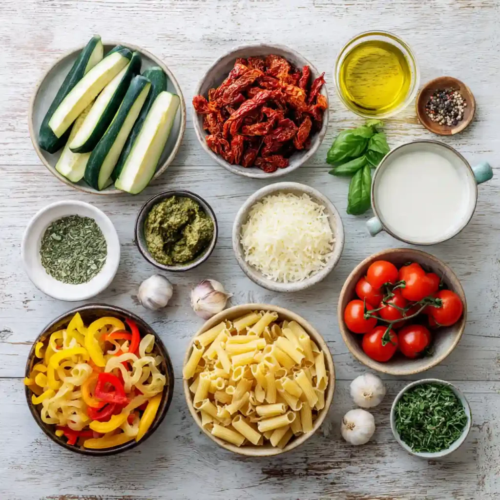 Creamy Sundried Tomato Pesto Pasta Bake with Veggies 2 Ingredients for creamy sundried tomato pesto pasta bake with veggies