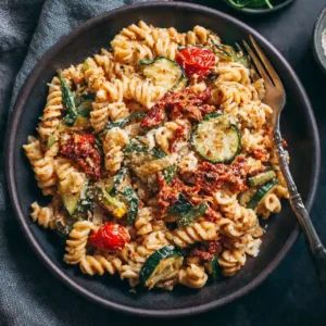 Creamy Sundried Tomato Pesto Pasta Bake with Veggies 5 Slice of creamy sundried tomato pesto pasta bake served on a plate