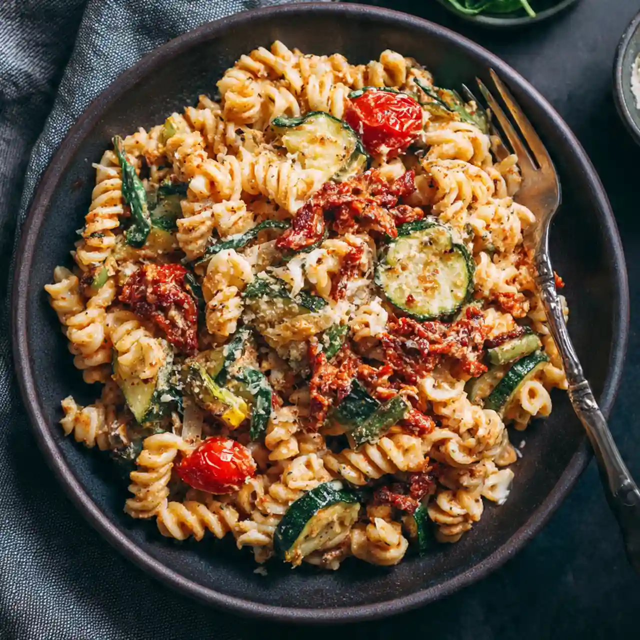 Creamy Sundried Tomato Pesto Pasta Bake with Veggies 4 Slice of creamy sundried tomato pesto pasta bake served on a plate