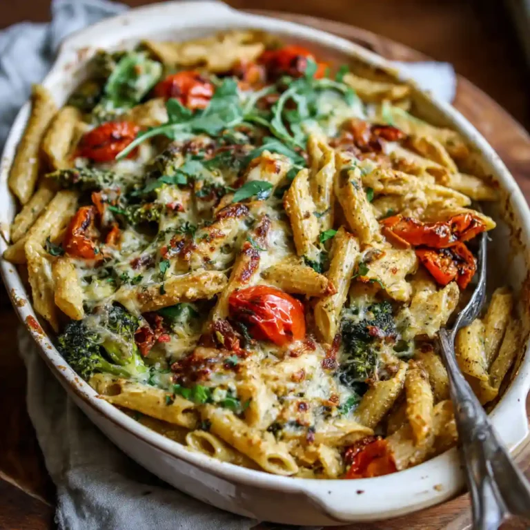 Creamy sundried tomato pesto pasta bake with veggies in a casserole dish