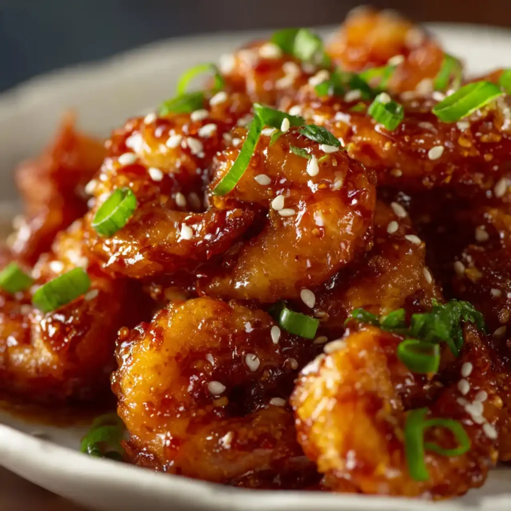Easy Firecracker Shrimp Recipe 3 Close-up of crispy shrimp from Easy Firecracker Shrimp Recipe with sesame seeds