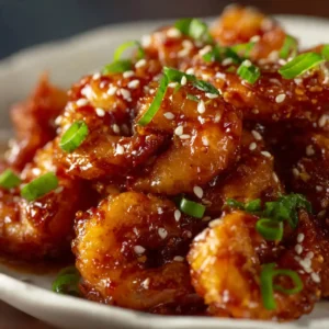 Easy Firecracker Shrimp Recipe 5 Close-up of crispy shrimp from Easy Firecracker Shrimp Recipe with sesame seeds