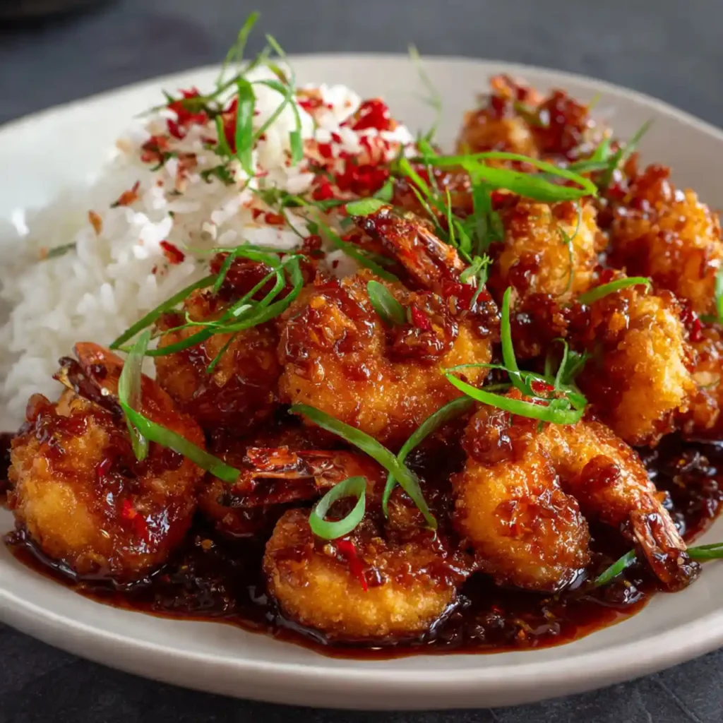 Easy Firecracker Shrimp Recipe 4 Easy Firecracker Shrimp Recipe served over rice with vegetables