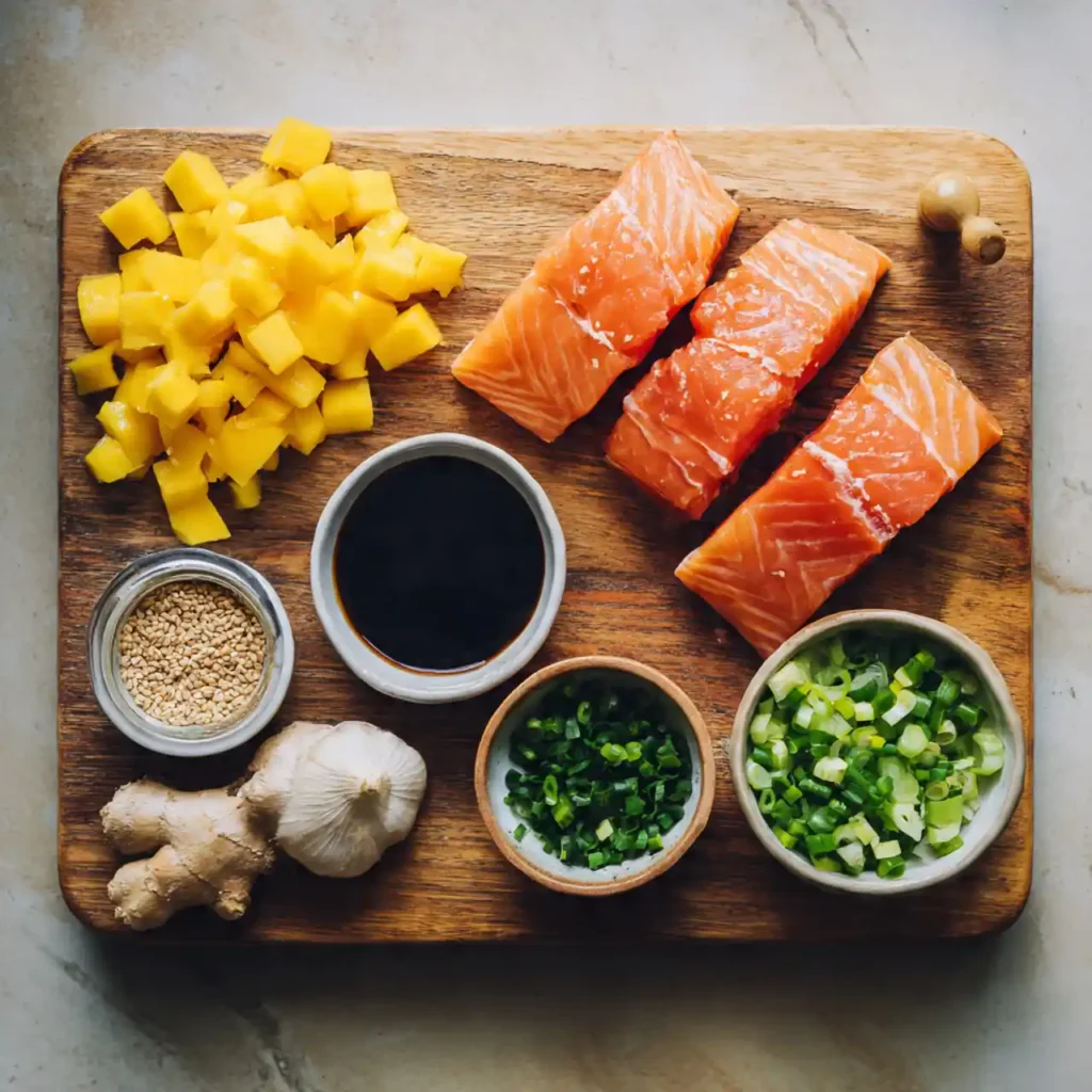 Ingredients for easy mango teriyaki salmon recipe