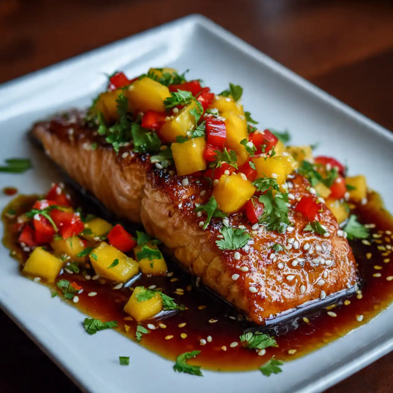 Salmon topped with mango salsa and herbs.