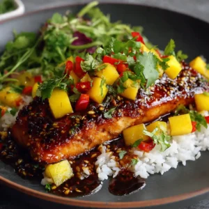 Easy mango teriyaki salmon served with rice and vegetables