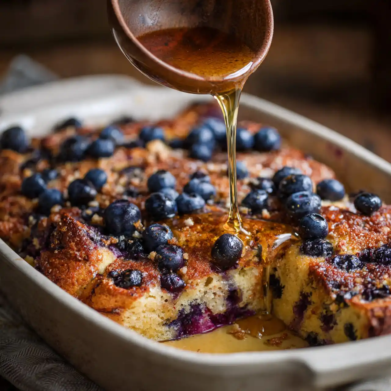 Easy Overnight Blueberry Pancake Casserole 1 Blueberry pancake casserole with syrup drizzle.