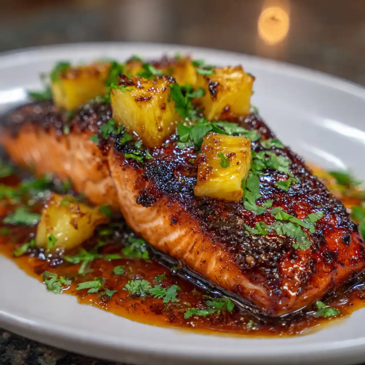 Easy pineapple glazed salmon recipe on a tray