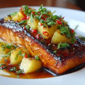Easy pineapple glazed salmon served on a plate