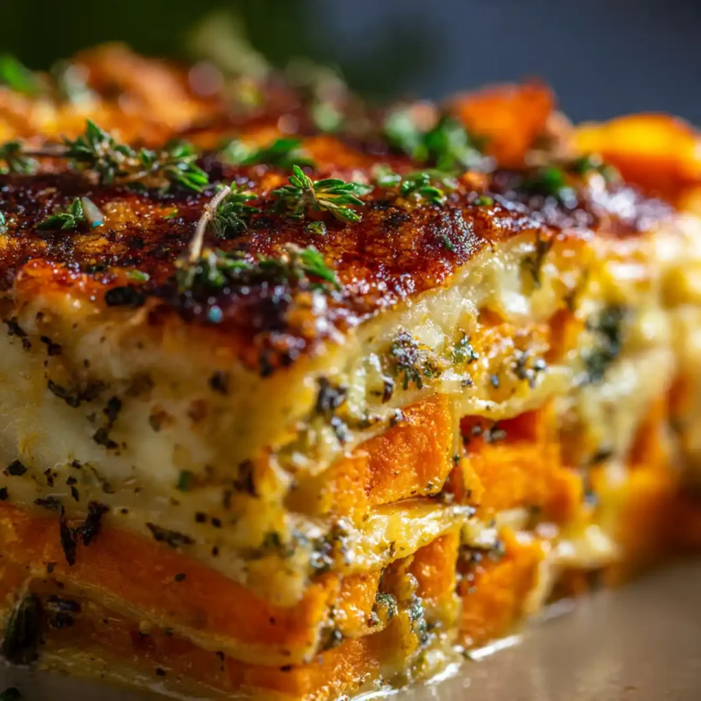 Layered Sweet Potato Butternut Squash Carrot Lasagna 3 Close-up of Layered Sweet Potato Butternut Squash Carrot Lasagna with golden top and herbs