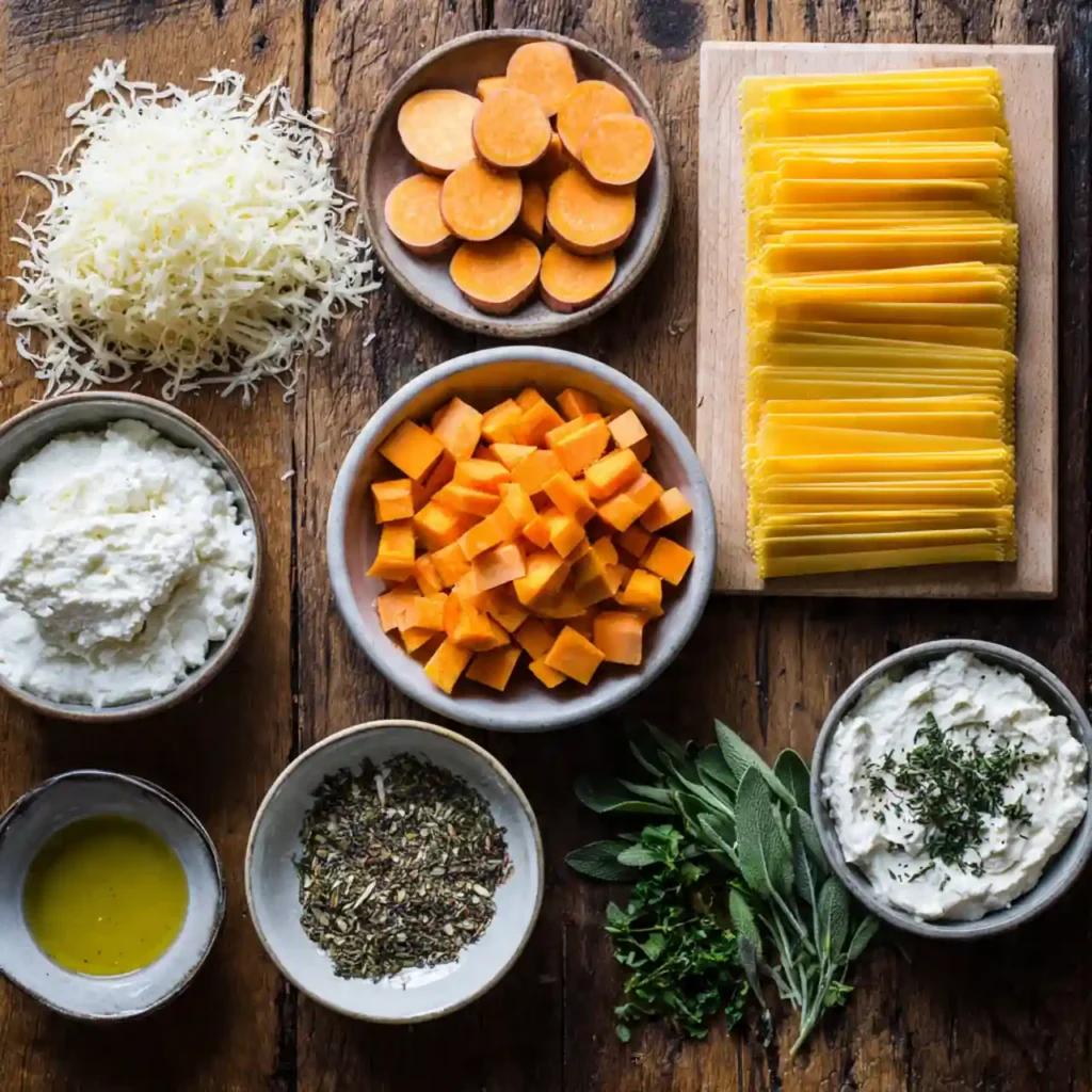 Layered Sweet Potato Butternut Squash Carrot Lasagna 2 Ingredients for Layered Sweet Potato Butternut Squash Carrot Lasagna including fresh vegetables and cheese