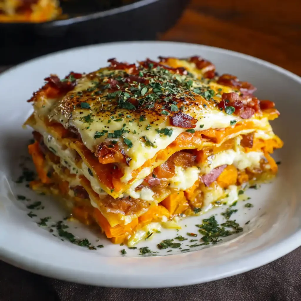 Layered Sweet Potato Butternut Squash Carrot Lasagna 4 Layered Sweet Potato Butternut Squash Carrot Lasagna served with salad
