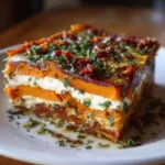 Layered Sweet Potato Butternut Squash Carrot Lasagna slice with visible vegetable layers