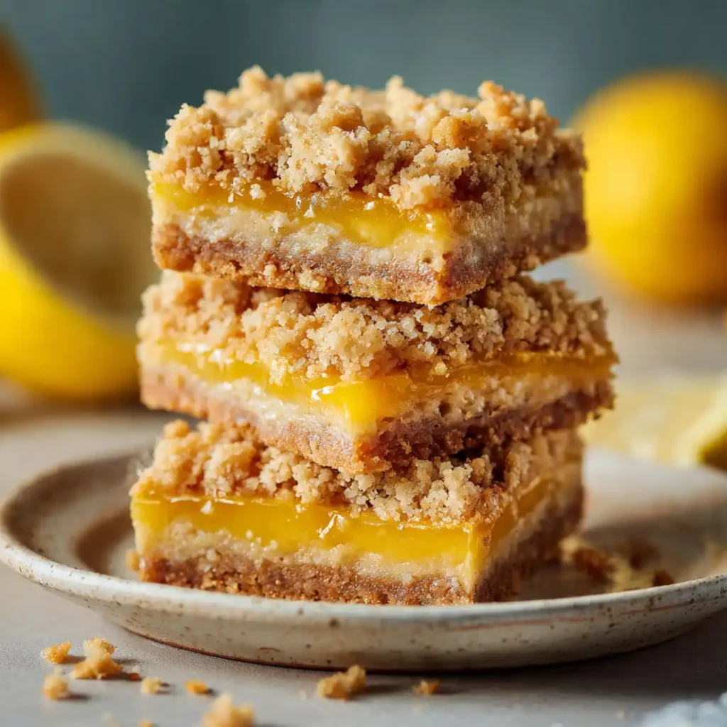 lemon oatmeal crumble bars served on plate