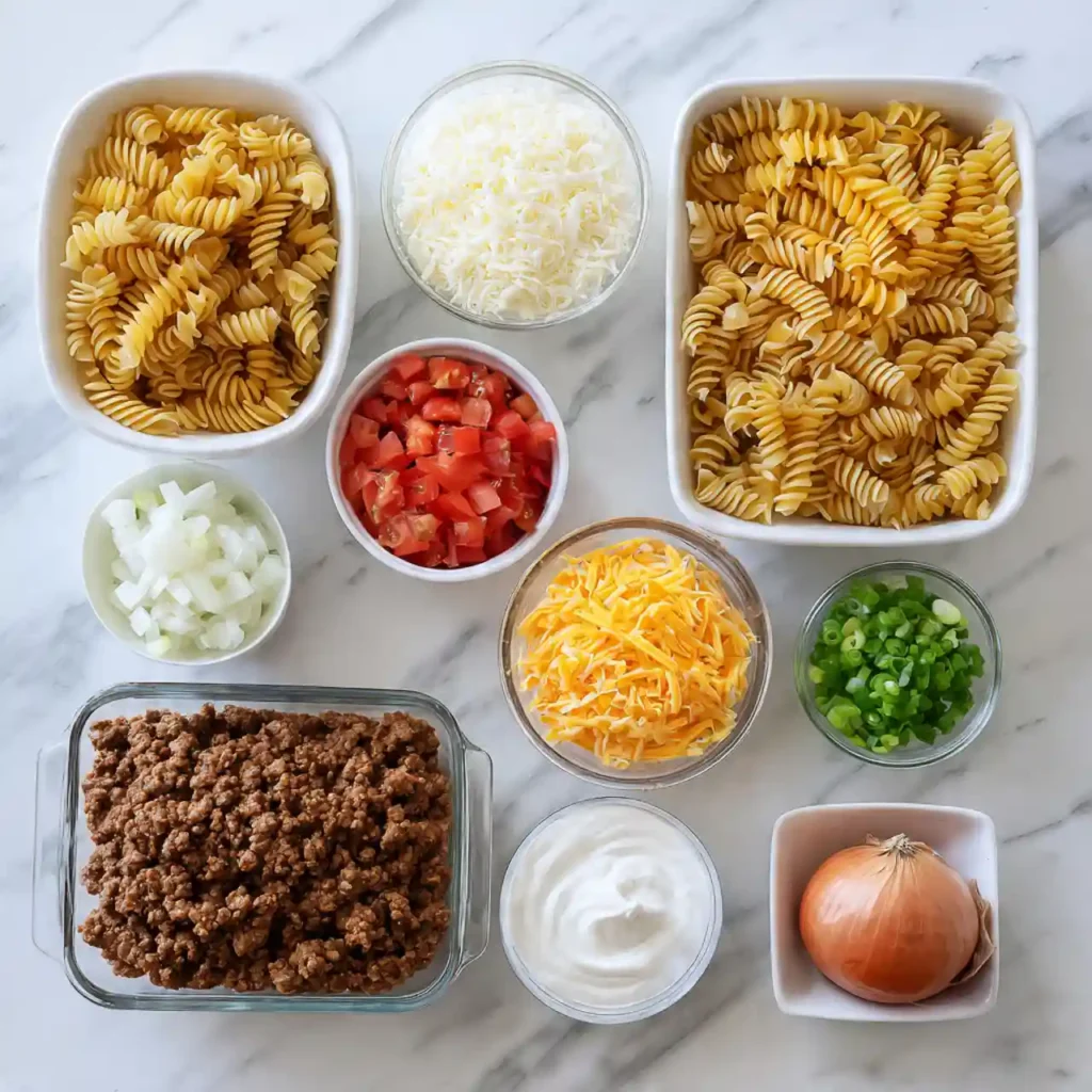 ingredients for loaded taco pasta bake