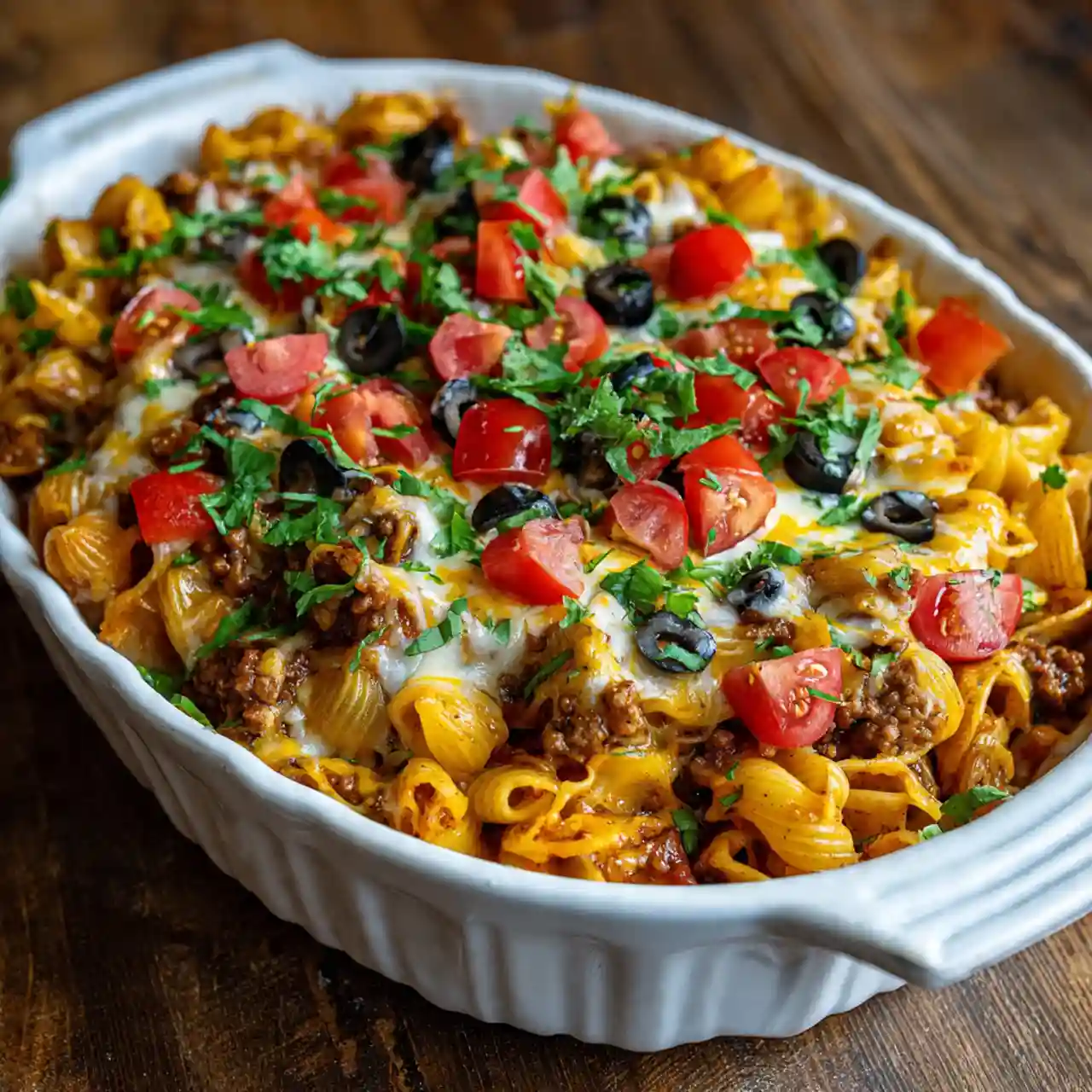loaded taco pasta bake fresh from oven