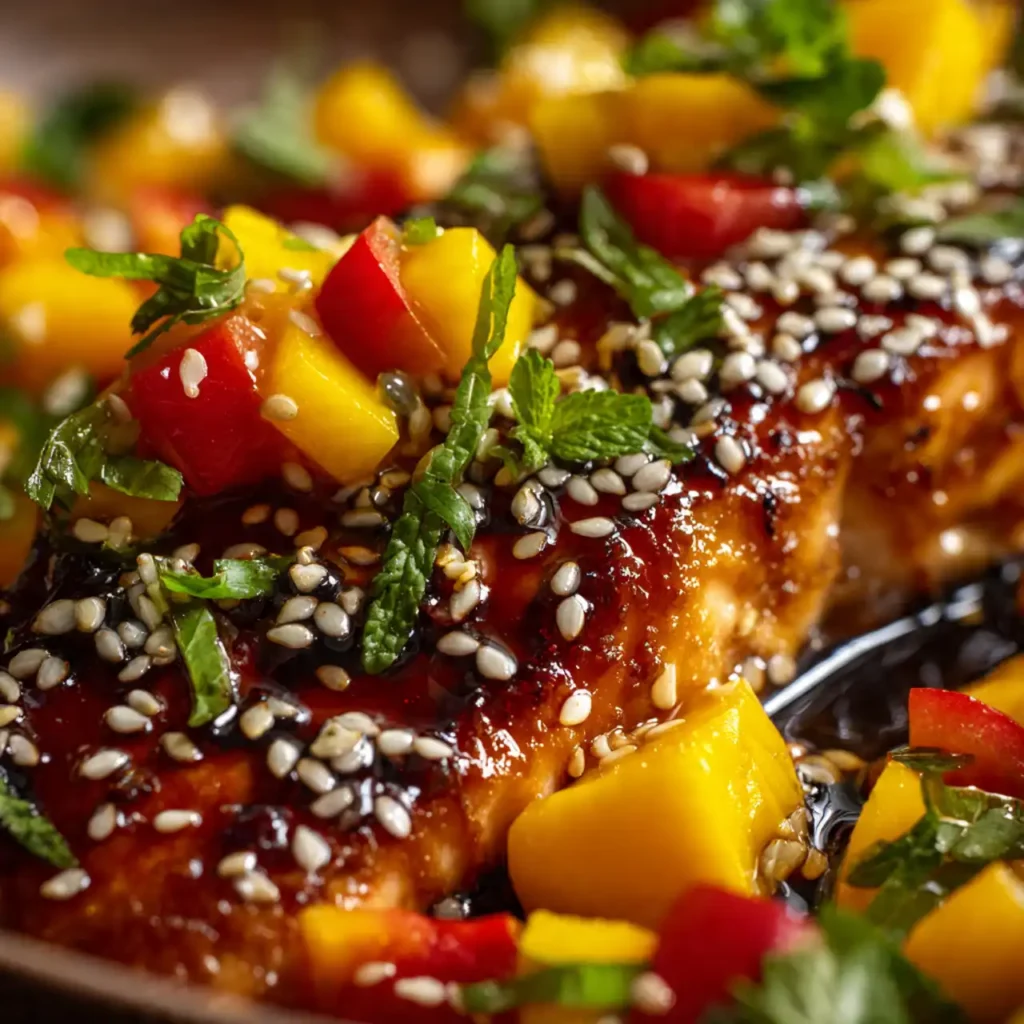 Close up of easy mango teriyaki salmon with mango salsa
