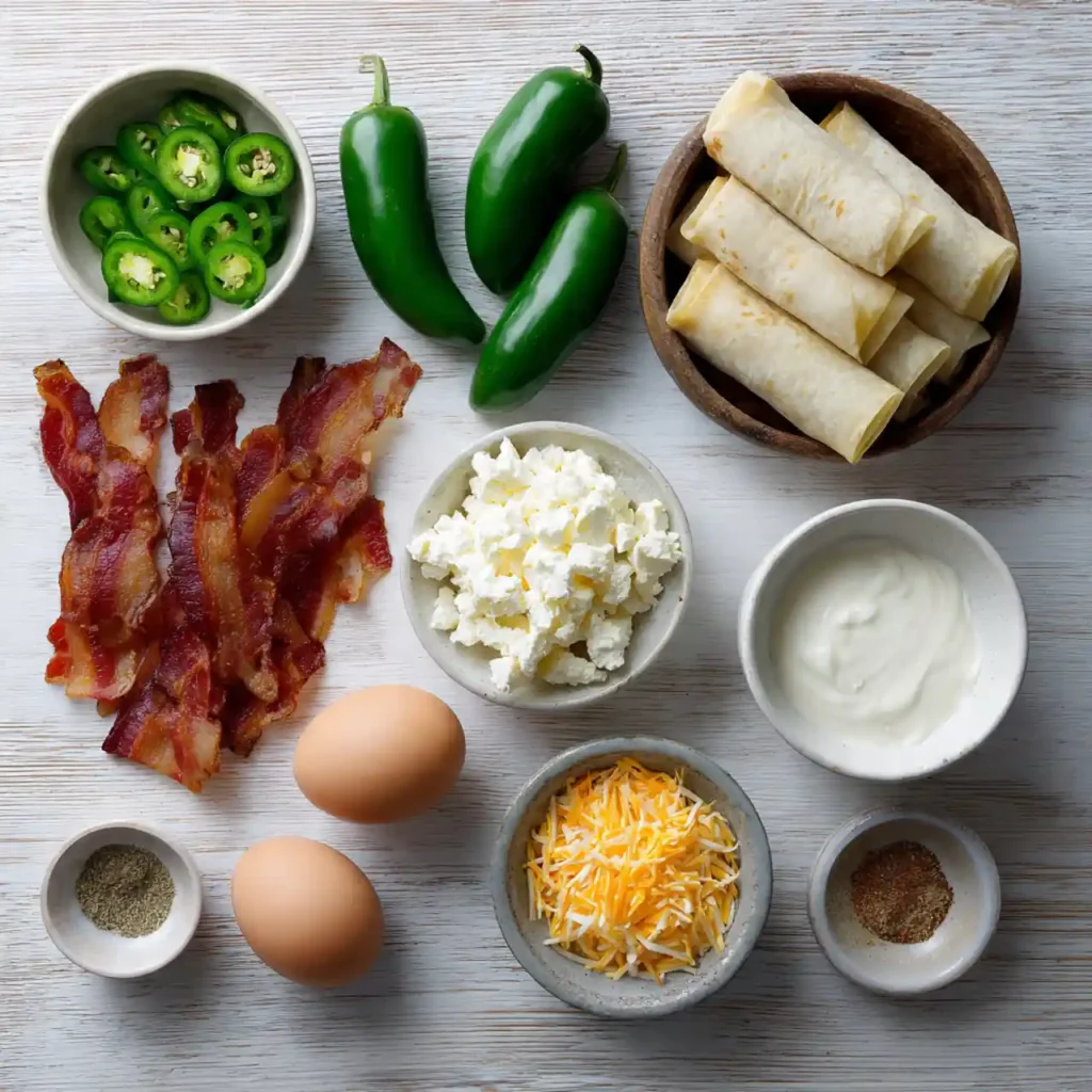 Ingredients for Mini Jalapeño Popper Egg Rolls including jalapeños, cream cheese, and bacon