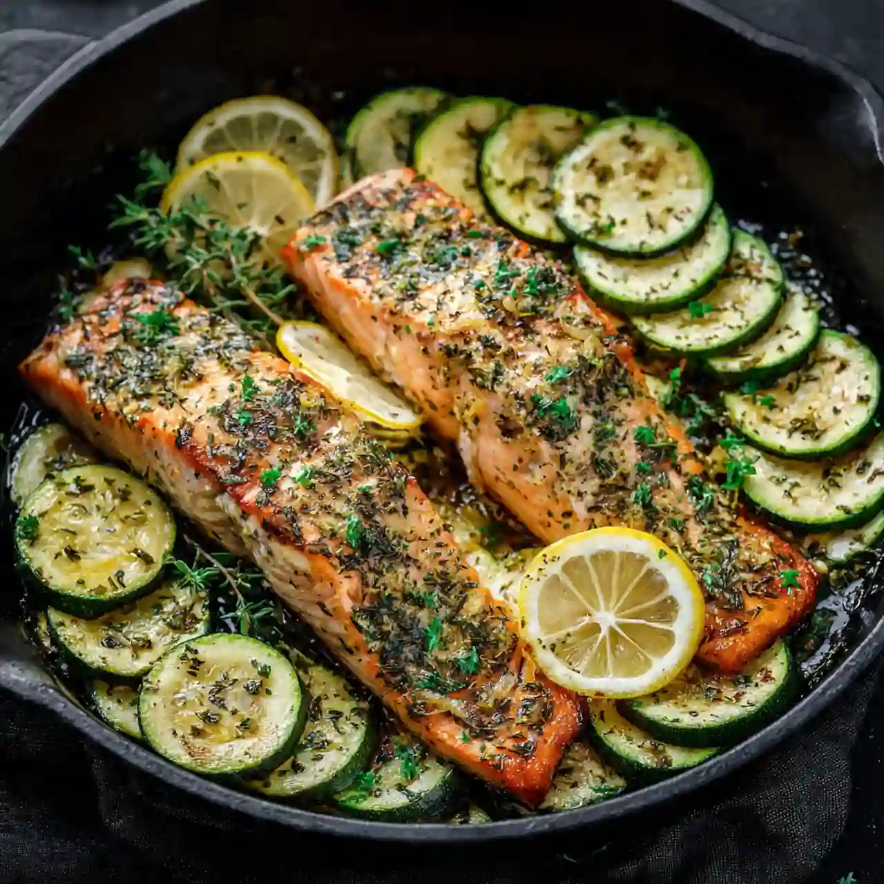 One Pan Lemon Herb Salmon and Zucchini 1 One pan lemon herb salmon and zucchini on a baking sheet