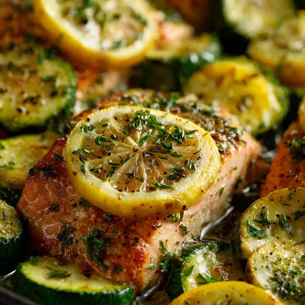 One Pan Lemon Herb Salmon and Zucchini 3 Close-up of lemon herb salmon and zucchini with fresh herbs