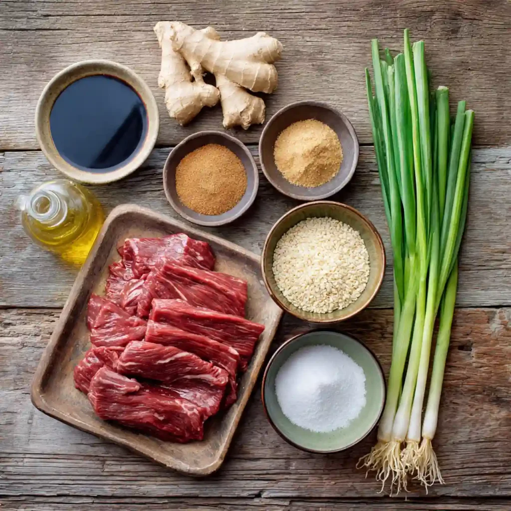 Slow Cooker Mongolian Beef 2 Ingredients for Slow Cooker Mongolian Beef including flank steak, soy sauce, brown sugar, garlic, and ginger