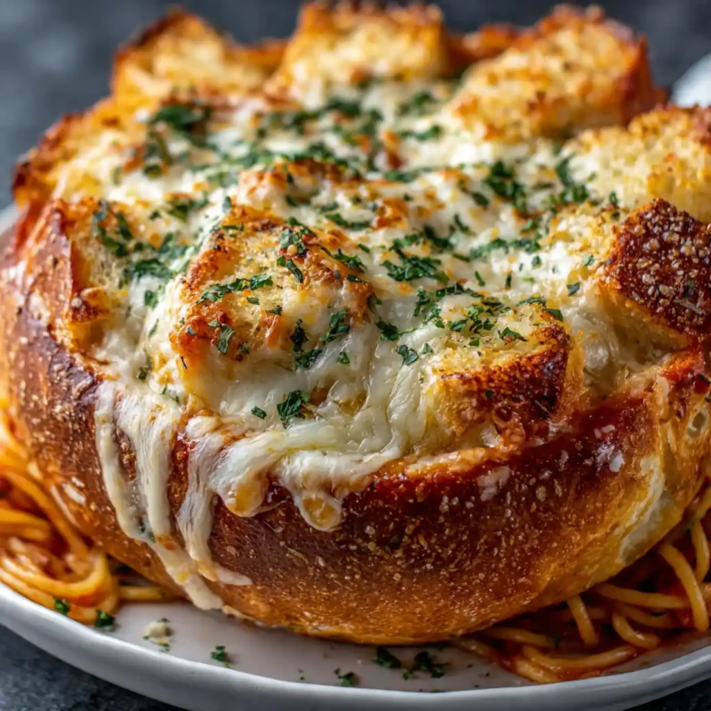 Close up of spaghetti garlic bread bowl with melted cheese