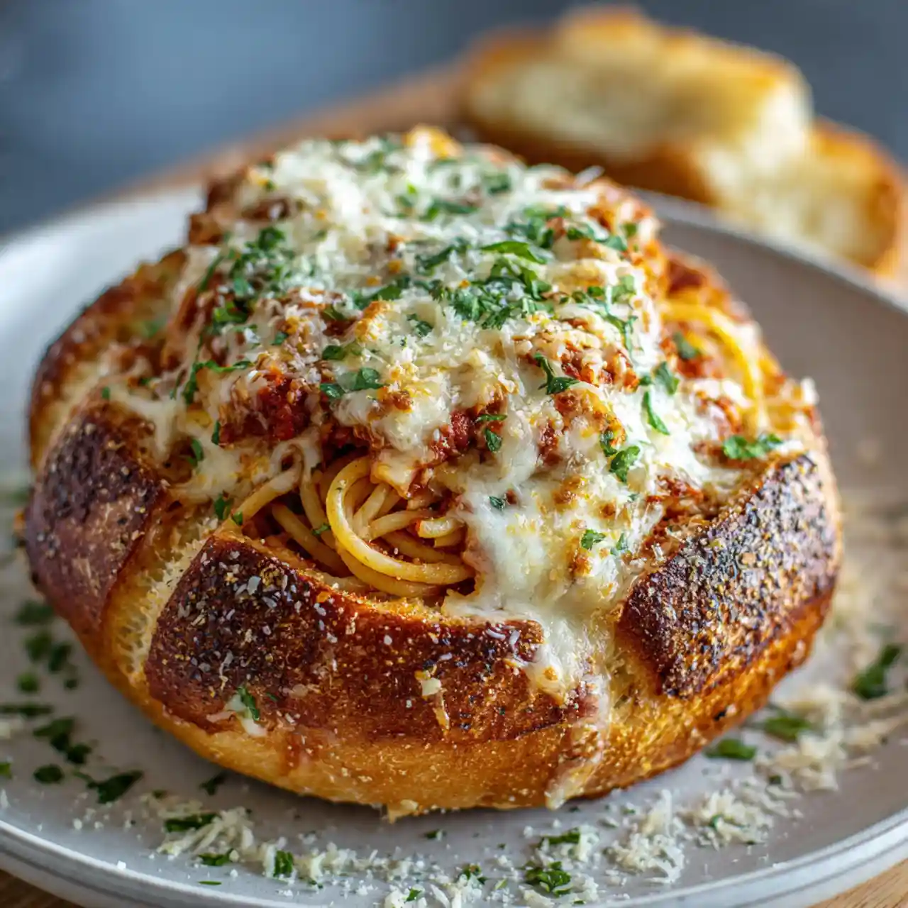 Spaghetti garlic bread bowl with cheese and marinara