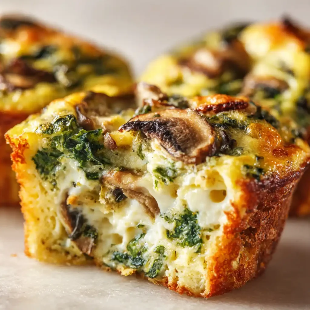 fluffy spinach and mushroom quiche muffin inside