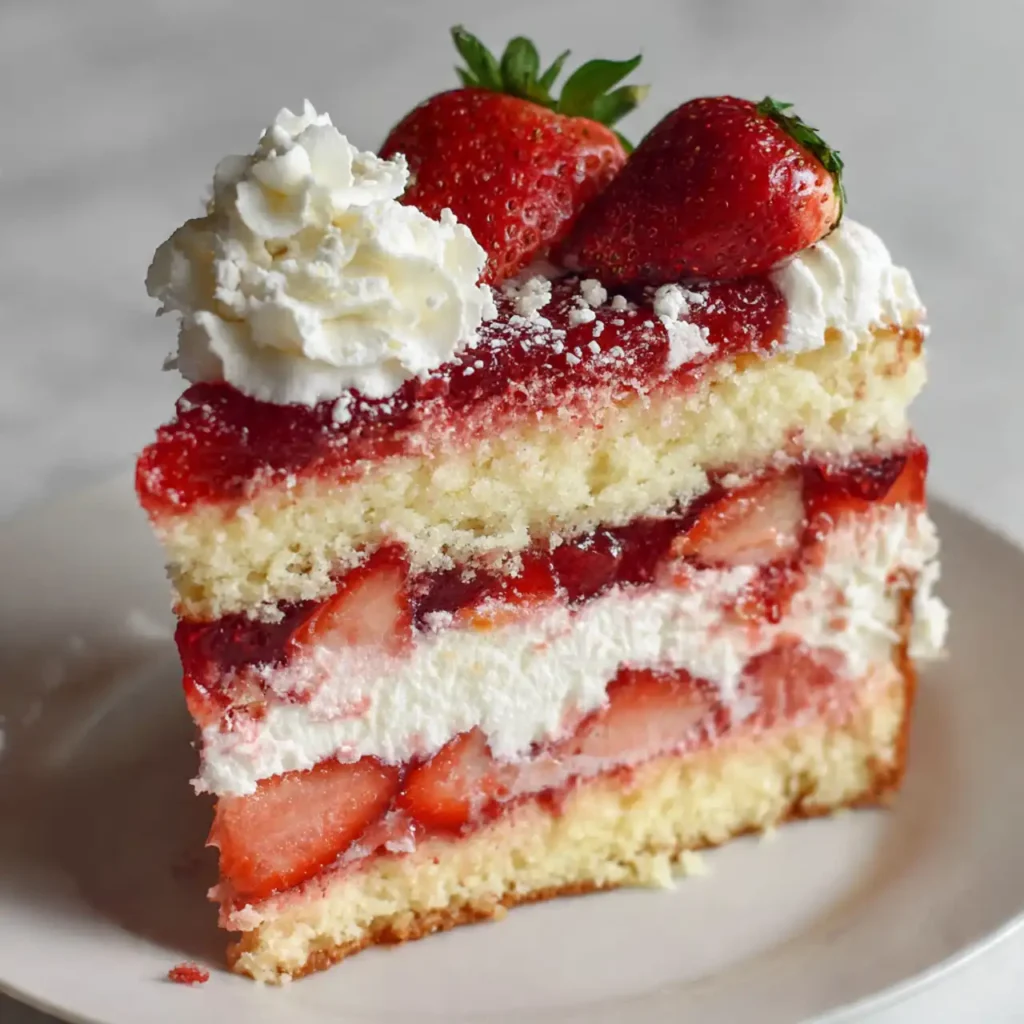 Strawberry Earthquake Cake 3 Close-up of strawberry earthquake cake layers with strawberries and cream