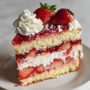 Strawberry Earthquake Cake 5 Close-up of strawberry earthquake cake layers with strawberries and cream