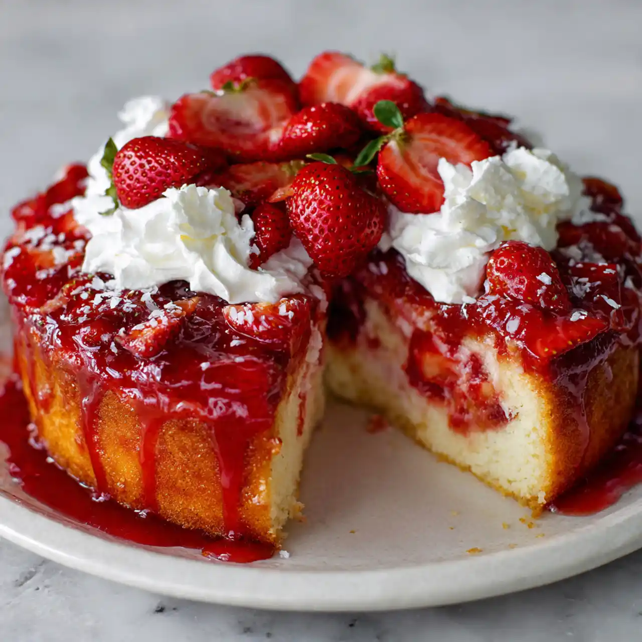 Strawberry Earthquake Cake 1 Strawberry earthquake cake slice with strawberry filling and cream