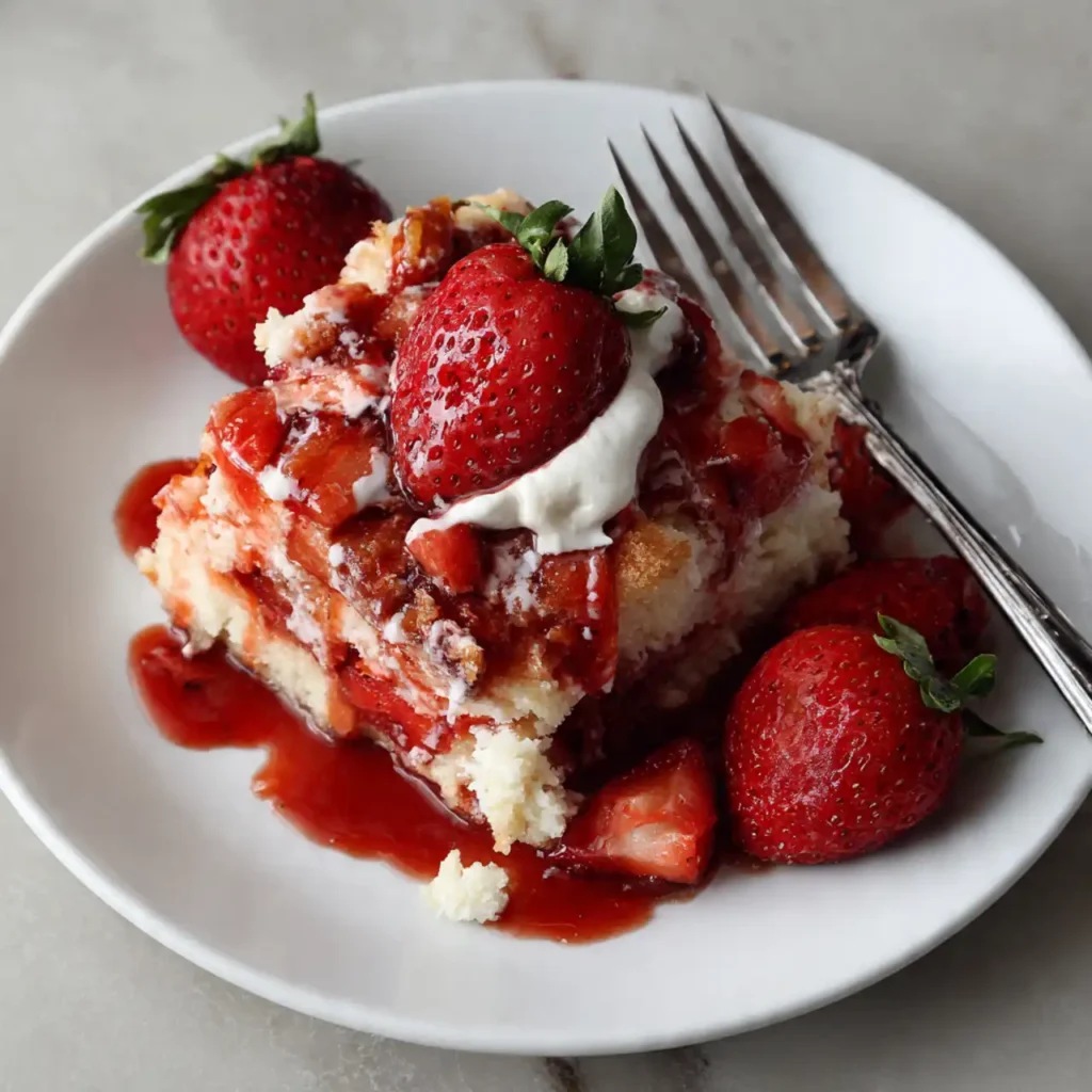 Strawberry Earthquake Cake 4 Strawberry earthquake cake served with whipped cream and fresh strawberries