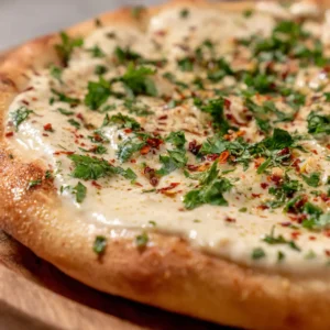 close up of creamy white garlic pizza sauce