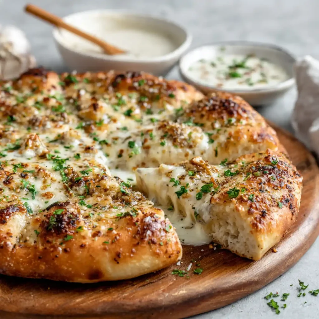 creamy white garlic pizza sauce spread on dough