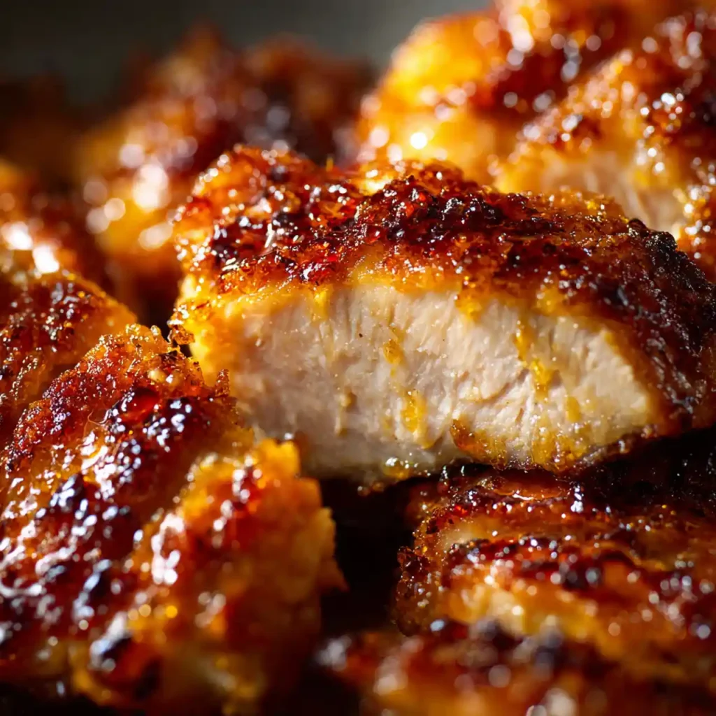 close-up of air fryer honey butter chicken showing juicy interior and golden glaze