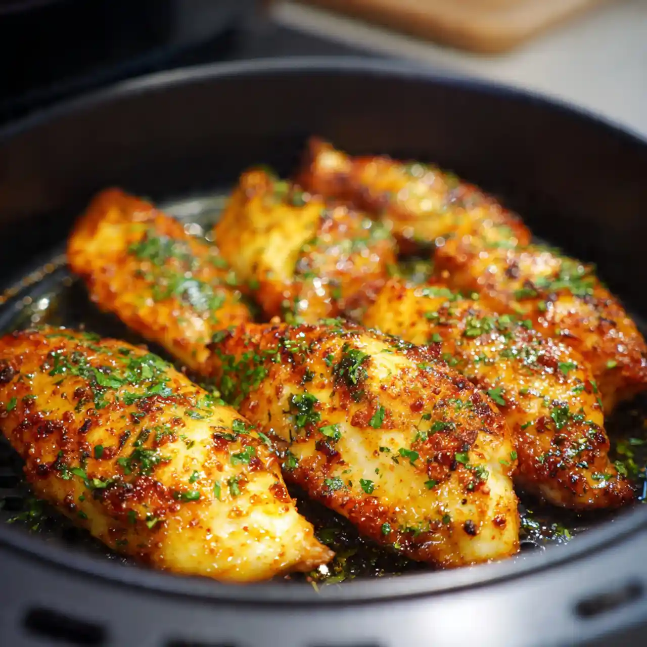 air fryer honey butter chicken with golden glaze and honey drizzle