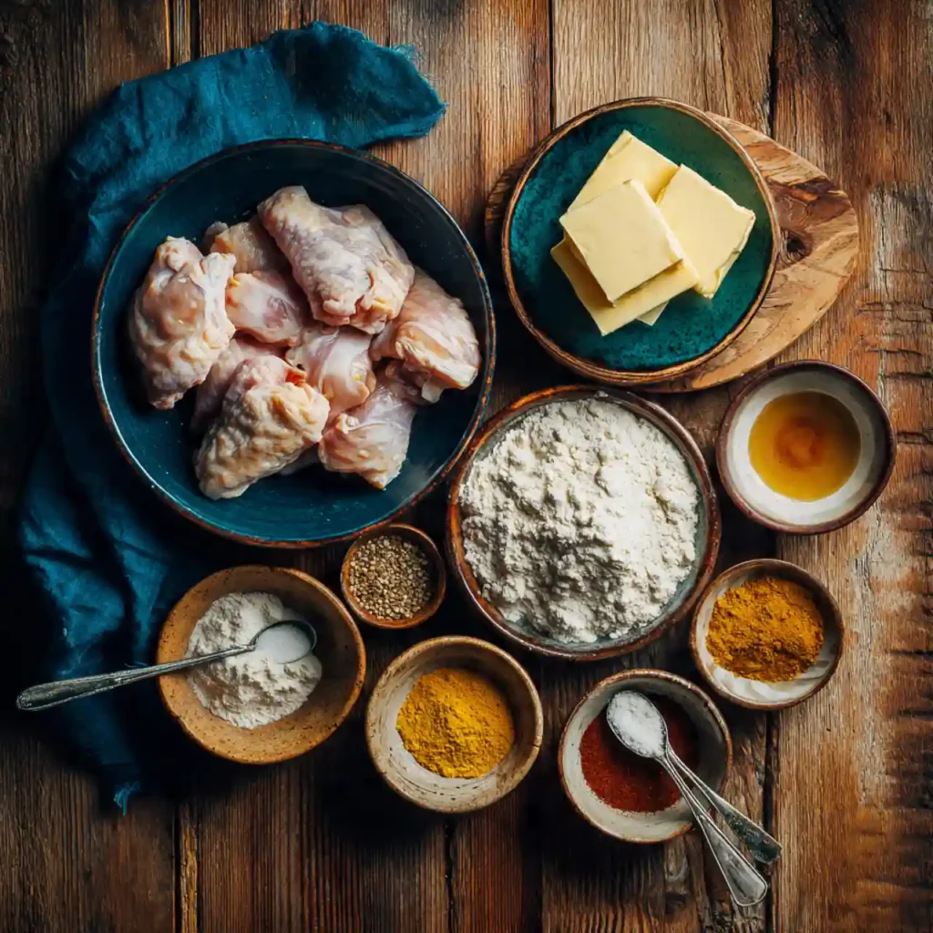 ingredients for air fryer honey butter chicken including raw chicken, butter, honey, and spices