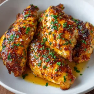 served air fryer honey butter chicken with honey drizzle and fresh parsley garnish