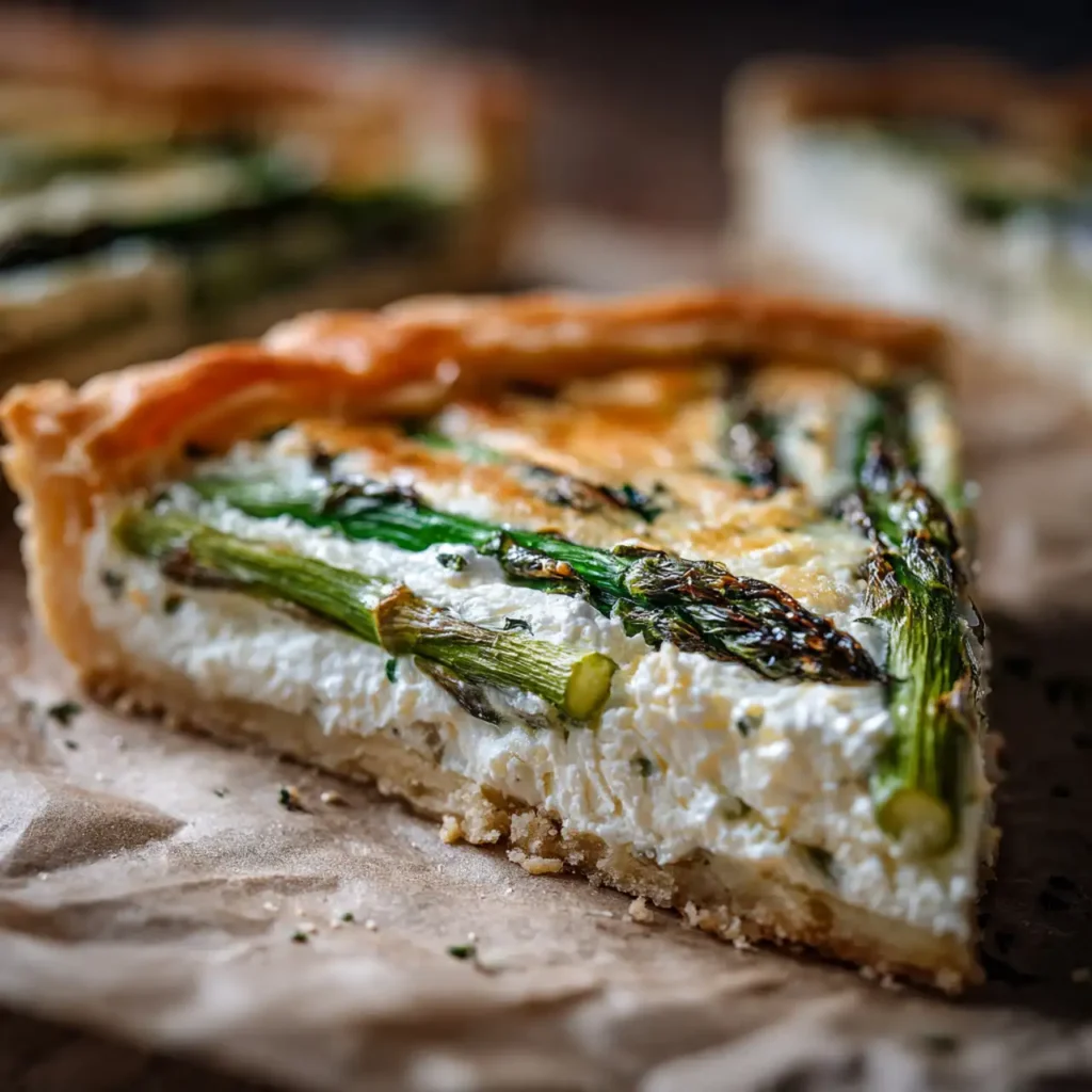 Asparagus and Goat Cheese Tart 3 close-up asparagus and goat cheese tart showing flaky crust and creamy texture