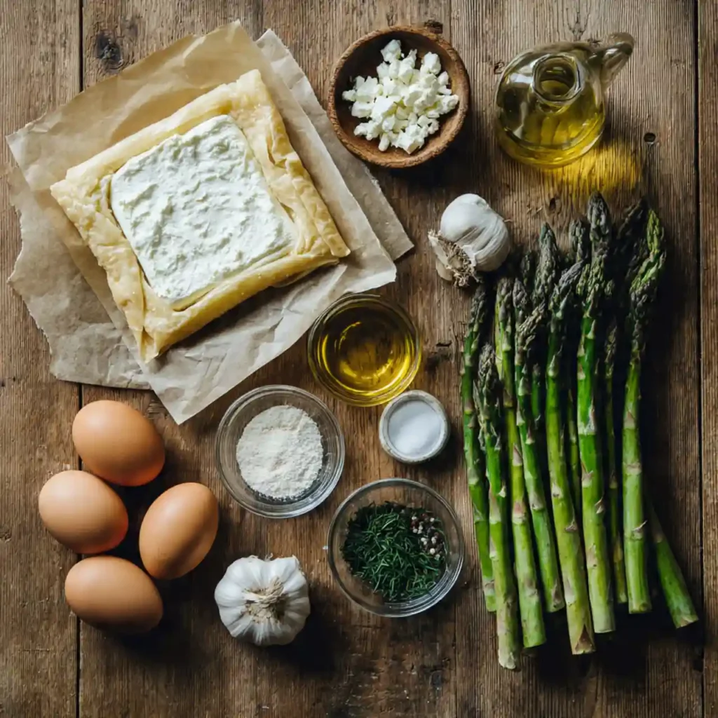 Asparagus and Goat Cheese Tart 2 ingredients for asparagus and goat cheese tart including asparagus, goat cheese, puff pastry
