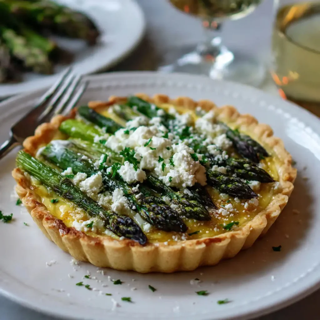 Asparagus and Goat Cheese Tart 4 sliced asparagus and goat cheese tart served on plate