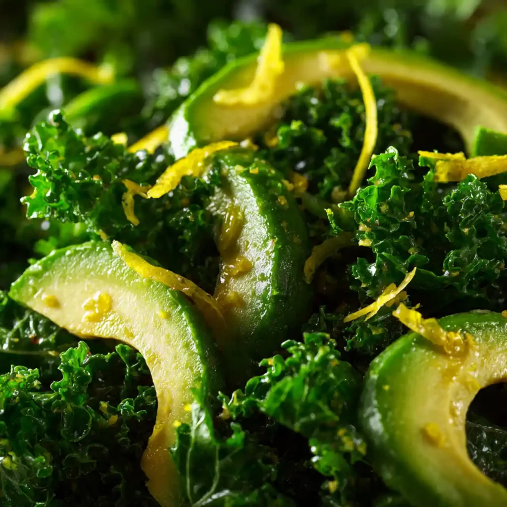 Healthy Avocado Lemon Kale Salad Recipe 3 Close-up of Avocado Lemon Kale Salad Recipe with lemon zest