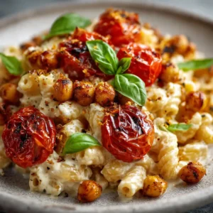 close up of creamy baked feta pasta with chickpeas and roasted tomatoes