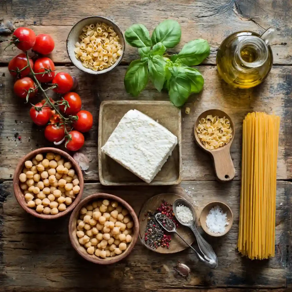 ingredients for baked feta pasta with chickpeas including feta tomatoes chickpeas and pasta