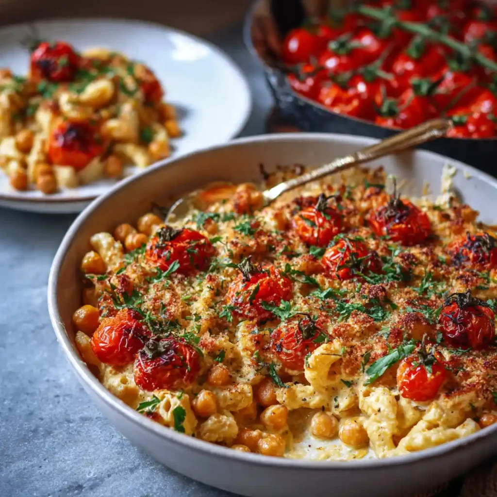 baked feta pasta with chickpeas served with fresh basil and parmesan